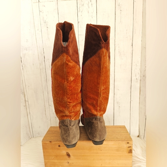 Vintage RARE Passports Suede Patchwork Knee High Low Heel Boots Red Tan Brown - Picture 7 of 15